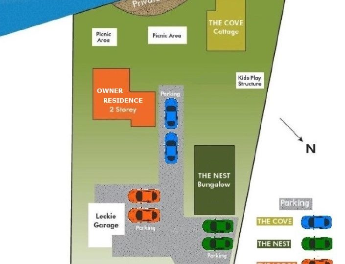 Property layout map of Diamond Valley Cottages showing The Cove, The Nest, and beach access.